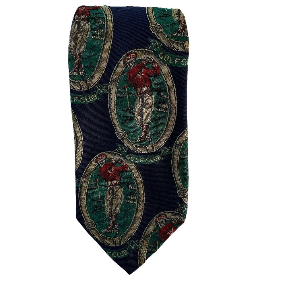 VTG Robert Talbott Hand Sewn Silk Tie Gold Theme Golfer Novelty Navy Blue Green